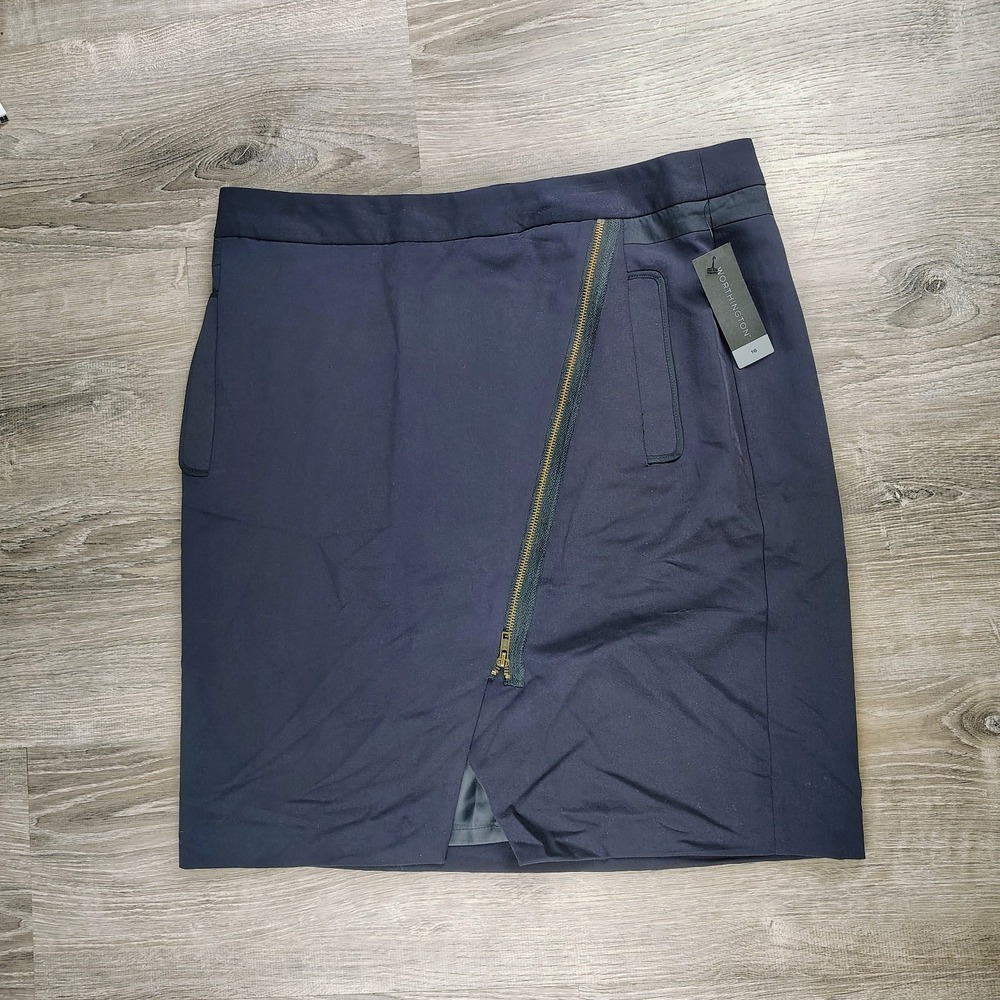 Worthington Skirt Women 16 Asymmetrical Zip Front Pockets Navy Blue Lined NEW‎